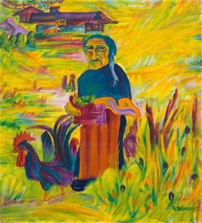 Old peasant woman with chickens