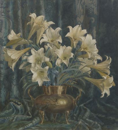 Christmas Lillies in a Brass Urn by Allan T Bernaldo - Auction record, sale price, and art valuation. Compare with similar artists and explore comparable artworks.