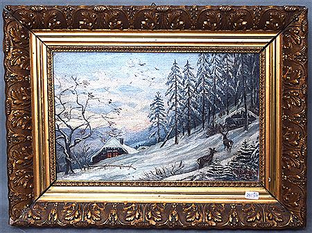 Deer in winter, old farmhouse in the background
