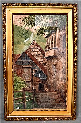 Village street with old half-timbered houses, with figure staffage