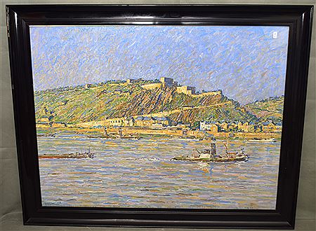 Koblenz Ehrenbreitstein with fortress, in the foreground the Rhine with boats