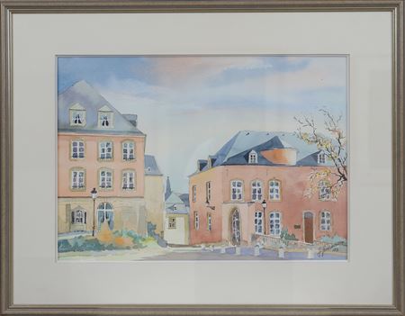 Aquarelle représentant la place de Clairefontaine avec les bâtiments de Ministère d'Etat et du restaurant Le Clairefontaine