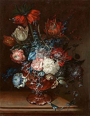 Still life with imperial crown, tulips, peonies, field bindweed, snowball and hyacinths