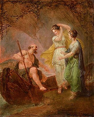 Charon invites two women to climb into his barge