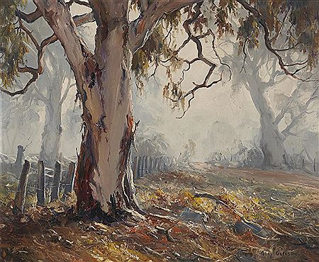 Sample artwork by Terry Gleeson (1934 - 1976), known for realist rural landscape paintings with structures, figures, horses - View similar artists and auction records