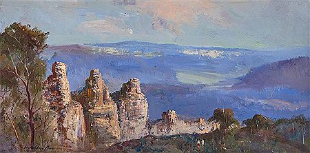 Figures Overlooking the Three Sisters by Wykeham Perry - Auction record, sale price, and art valuation. Compare with similar artists and explore comparable artworks.