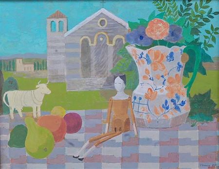 Church, jug, figure and fruit