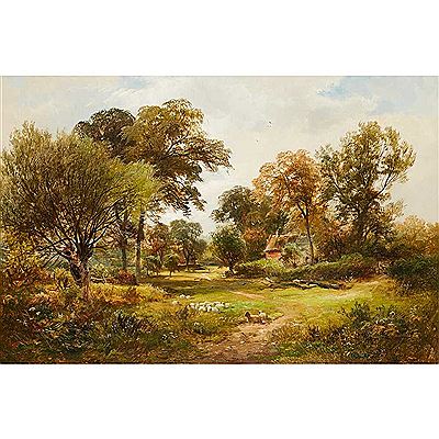 A SUMMER LANDSCAPE WITH SHEEP AND COTTAGE