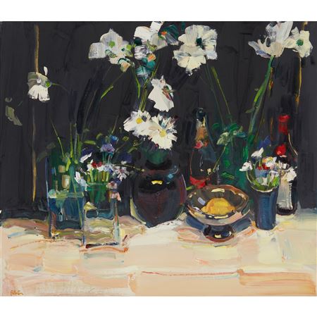 STILL LIFE IN BLACK WITH MARGUERITES