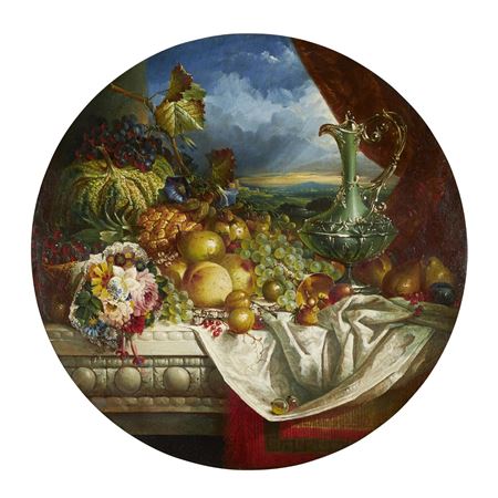 A STILL LIFE OF ASSORTED FRUIT AND FLOWERS ON A LEDGE