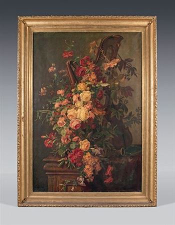 Still life with harp, musical instruments, and rose bush
