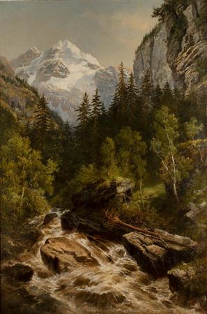 A mountain landscape with rushing stream and goats grazing