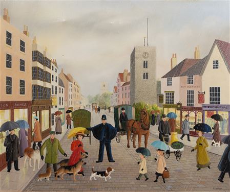 Jean and Geordie with Bernie, Nero, Atom, Jasper & Oliver, on Oxford Highstreet by Pamela Cornell - Auction record, sale price, and art valuation. Compare with similar artists and explore comparable artworks.