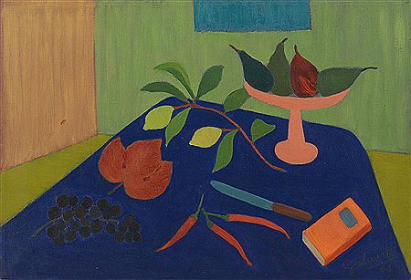 Natura con uva, peperoncini e libro (Nature with grapes, chillies and book), 1964