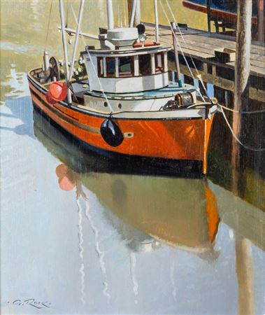 The Orange Boat by Geoffrey Rock - Auction record, sale price, and art valuation. Compare with similar artists and explore comparable artworks.