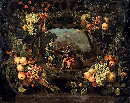 Garlands of fruit surrounding Christ and the Samaritan woman and the Liberation of the demon by Jesus (2)