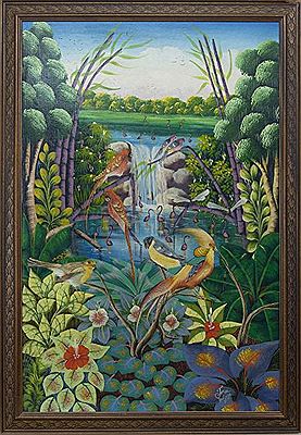 EXOTIC BIRDS IN A STYLISED LANDSCAPE