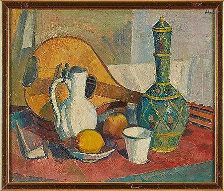 Still life with jugs and mandolin