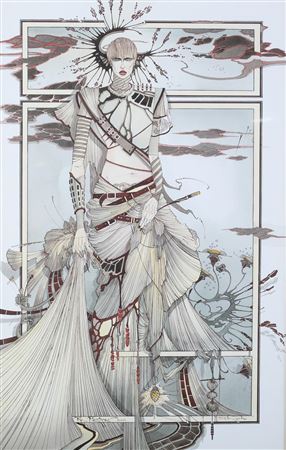 Foreigner, warrior-like female, standing, wearing elaborate flowing costume