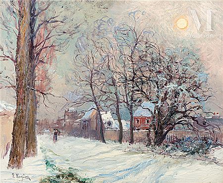 Rue de village animée sous la neige