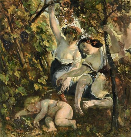 Schlafender Amor, von Bacchantinnen geneckt