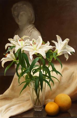Vase of Lilies with Citrus Fruit by Conor Walton - Auction record, sale price, and art valuation. Compare with similar artists and explore comparable artworks.
