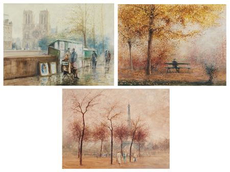 "Paris, Bookstalls," 1984, Man on bench in an autumn landscape, 1985 and Figures in the Parc du Champ de Mars, the Eiffel tower in the background, 1984 (3)