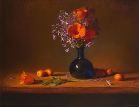 Still Life With California Poppies In A Blue Glass Vase