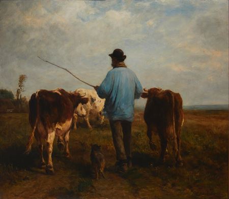 Cows With Shepherd In A Pasture