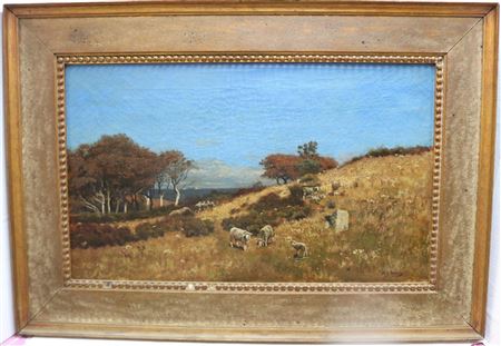 PASTORAL SCENE OF SHEEP OVERLOOKING SHIPS IN BUZZARDS BAY, PROBABLY NAUSHON
