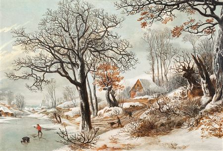 Extensive winter landscape at a frozen river with peasants