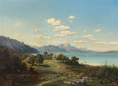 Extensive pre-alpine landscape with a church and farmsteads at a lake