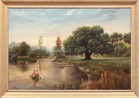 "Louisiana Landscape with Boaters and Dock"