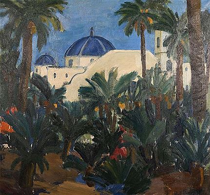 A view of Moorish buildings set amongst palm trees