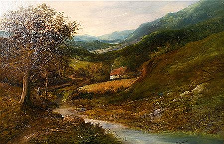 A pair of oil on canvas paintings of scenes of cottages by a rive