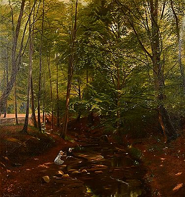Figures resting by a stream in a woodland glade