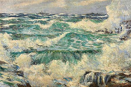 Waves breaking on a rocky coastline with distance ships on the horizon