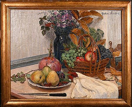'Fruits, Nature Morte', a still life composition by Gaston Andre - Auction record, sale price, and art valuation. Compare with similar artists and explore comparable artworks.