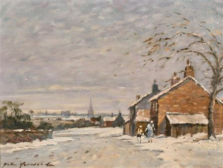 Figures walking in the snow at dusk with a church beyond by John Hammond Harwood - Auction record, sale price, and art valuation. Compare with similar artists and explore comparable artworks.