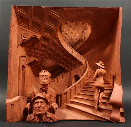 Two male figures and a female nude on the stairs of a theatre