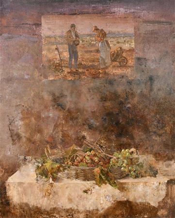 A still life of grapes with vine leaves, with an inset study of a harvesting scene