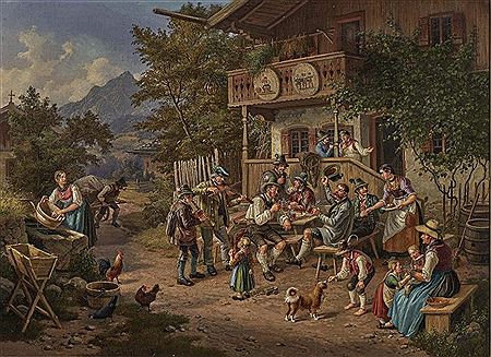 Happy company in front of the mountain inn