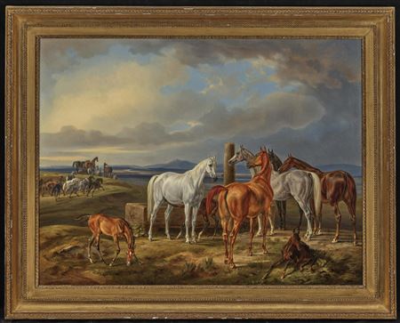 Arabische Stuten mit ihren Fohlen auf der Weide nahe des Kgl. Gestüts Scharnhausen by Albrecht Adam - Auction record, sale price, and art valuation. Compare with similar artists and explore comparable artworks.