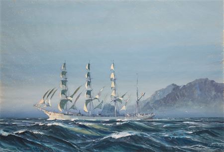 Four-masted barque by port off Casablanca