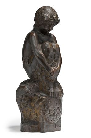 A faun sitting on two heads of goats facing each other