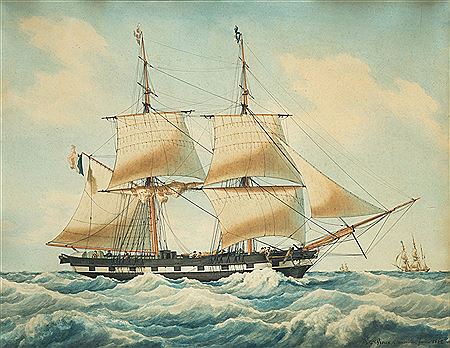 The brig La Finette sailing under reduced sail on a heavy sea, February
