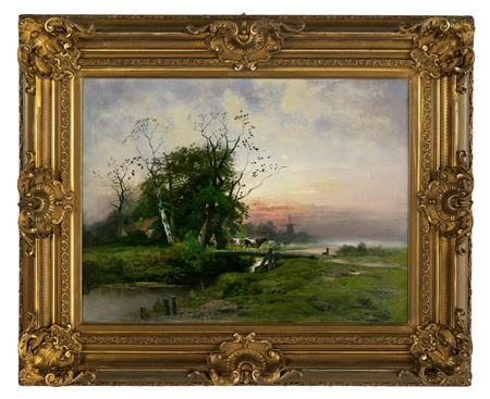 "Sunset Over a Landscape with Cattle, Farm and a Distant Windmill"