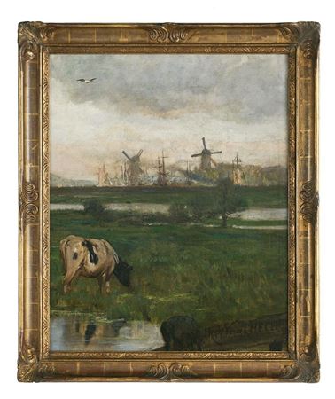 "Cows in a Meadow with Windmills in the Background"