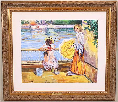 Two Girls Fishing off Bridge