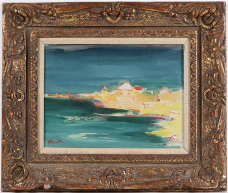 Beach scene with distant city